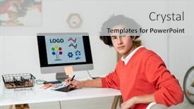  Presentation with front desk - Theme consisting of young-serious-web-designer background and a light gray colored foreground