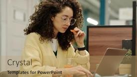  Presentation with front office - PPT theme with young-serious-woman-eating-fresh background and a coral colored foreground