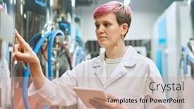  Presentation with control panel - Slide deck enhanced with young-serious-woman-in-whitecoat background and a coral colored foreground