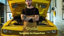  Presentation with chest - Presentation theme having young-serious-workman-in-overalls background and a tawny brown colored foreground