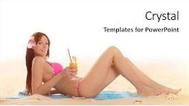  Presentation with sexy - Amazing presentation design having young sexy brunette in pink swimsuit on tropical beach backdrop and a white colored foreground