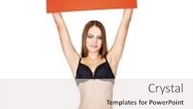  Presentation with red banner - Presentation theme having young sexy brunette woman in black underwear holding red banner isolated on white background background and a lemonade colored foreground