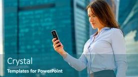  Presentation with smart city - Colorful PPT theme enhanced with young sexy business woman with smart phone on the modern city background portrait backdrop and a ocean colored foreground