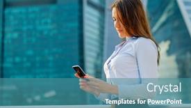  Presentation with smart city - Slide deck enhanced with young sexy business woman with smart phone on the modern city background portrait background and a teal colored foreground