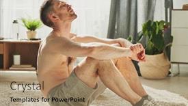  Presentation with sports shoes - Amazing slide deck having young-shirtless-sportsman-in-sports backdrop and a coral colored foreground