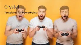  Presentation with virile young men - Colorful PPT theme enhanced with young shocked men holding joystick backdrop and a yellow colored foreground