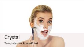  Presentation with razor - Theme having young shocked woman shaving her face with a razor isolated on white background and a lemonade colored foreground