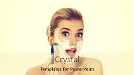  Presentation with razor - Presentation design having young shocked woman shaving her face with a razor background and a blonde colored foreground