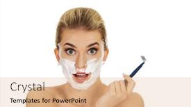  Presentation with razor - Audience pleasing PPT theme consisting of young shocked woman shaving her face with a razor backdrop and a coral colored foreground