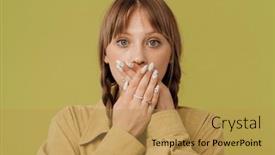  Presentation with woman covering man mouth hand - Presentation theme with young-shocked-woman-with-pigtails background and a yellow colored foreground