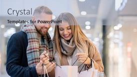  Presentation with mall - Presentation design with young shopaholics with paperbags looking at what they purchased on seasonal sale in the mall background and a light blue colored foreground