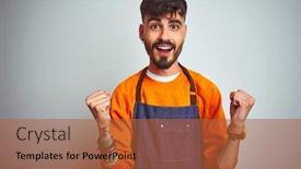  Presentation with tattoo - Beautiful presentation featuring young shopkeeper man with tattoo wearing apron standing over isolated white background celebrating surprised and amazed for success with arms raised and open eyes winner concept backdrop and a red colored foreground