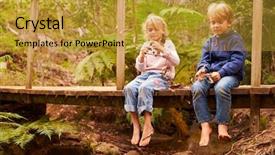  Presentation with forest bridge - Beautiful slide deck featuring young siblings playing on a bridge in a forest backdrop and a gold colored foreground