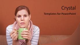  Presentation with hold hand - Beautiful slide set featuring young sick woman with a cup of tea in her hand she hold her head in pain a lot of copyspace backdrop and a red colored foreground