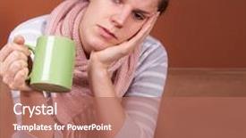  Presentation with hold hand - Slides consisting of young sick woman with a cup of tea in her hand she hold her head in pain a lot of copyspace background and a coral colored foreground