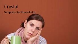  Presentation with hold hand - Presentation design having young sick woman with a cup of tea in her hand she hold her head in pain a lot of copyspace background and a red colored foreground