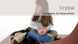  Presentation with music book - Audience pleasing presentation consisting of young singing and listening to music sitting on table next to book bag shot in studio over white backdrop and a light gray colored foreground