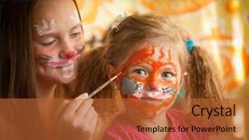  Presentation with two cute sisters playing - Colorful PPT layouts enhanced with young sisters playing with painting backdrop and a red colored foreground