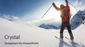  Presentation with mountain top - Audience pleasing presentation theme consisting of young skier reaches his arms backdrop and a light gray colored foreground