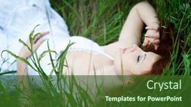  Presentation with hair dress - Audience pleasing theme consisting of young sleeping outdoor red hair woman fashion portrait in white dress backdrop and a tawny brown colored foreground