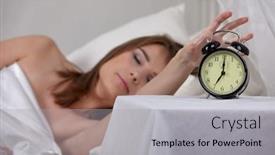 Presentation with alarm - Colorful presentation design enhanced with young-sleeping-woman-and-alarm backdrop and a light gray colored foreground