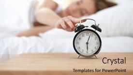  Presentation with alarm - PPT theme consisting of young-sleeping-woman-and-alarm background and a coral colored foreground