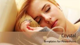  Presentation with listening woman - Slide set consisting of young sleeping woman listening music background and a coral colored foreground