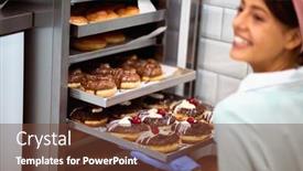  Presentation with sweet pastry - Cool new PPT layouts with young-small-business-female-owner backdrop and a tawny brown colored foreground