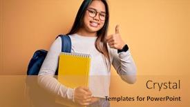  Presentation with happy young student girl holding - Theme with young-smart-asian-student-girl background and a yellow colored foreground