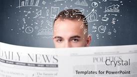  Presentation with business plan - Beautiful slide deck featuring current affairs - young smart businessman reading daily backdrop and a light gray colored foreground