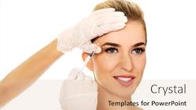  Presentation with botox - PPT layouts featuring young smiled woman is having facial botox injection isolated on white background and a lemonade colored foreground