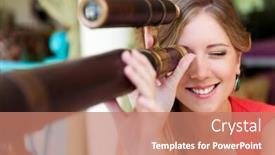  Presentation with telescope - Slide deck consisting of young smiley woman looking through the telescope and smiling background and a coral colored foreground