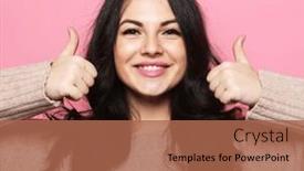  Presentation with show - Slides featuring young-smilimg-brunette-woman-smiling background and a coral colored foreground