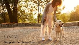  Presentation with dog park - Colorful PPT layouts enhanced with young smiling african lady in casual clothes smiling and looking at her dog in park backdrop and a coral colored foreground