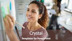  Presentation with five business people standing together and smiling - Cool new theme with young smiling analyst with notepad backdrop and a tawny brown colored foreground