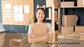  Presentation with asian - Beautiful slides featuring young-smiling-asian-female backdrop and a coral colored foreground