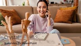  Presentation with living room - Slide set with young-smiling-asian-woman-artist background and a  colored foreground