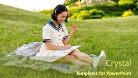  Presentation with writing notes - Presentation theme featuring young-smiling-asian-woman-wearing background and a  colored foreground