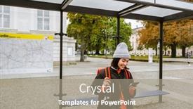  Presentation with bus station - Slide set having young-smiling-asian-woman-wearing background and a coral colored foreground
