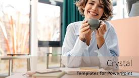  Presentation with lady - Presentation design enhanced with young-smiling-attractive-lady-drinking background and a coral colored foreground