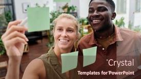  Presentation with noticeboard - Slide deck featuring young-smiling-blond-female-employee background and a tawny brown colored foreground