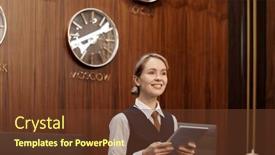  Presentation with receptionist - Theme enhanced with young-smiling-blond-female-receptionist background and a tawny brown colored foreground