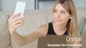  Presentation with gadget - Amazing presentation having young-smiling-blond-female backdrop and a coral colored foreground