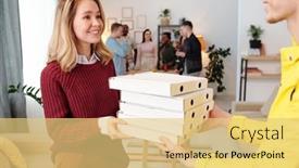  Presentation with courier - Colorful slide deck enhanced with young-smiling-blond-female backdrop and a yellow colored foreground