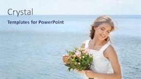  Presentation with seashore - Cool new presentation design with young-smiling-bride-in-white backdrop and a sky blue colored foreground