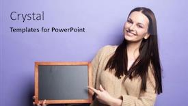  Presentation with chalkboard - Slide set having young-smiling-brunette-woman-holding background and a light blue colored foreground