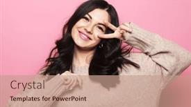  Presentation with show - Theme featuring young-smiling-brunette-woman-smiling background and a  colored foreground