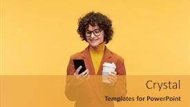  Presentation with cup coffee - Presentation design consisting of young-smiling-brunette-woman background and a  colored foreground