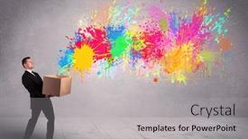  Presentation with spray paint - Slide deck having young smiling business male holding a paperboard box with illustration of colourful spray paint splash on urban wall background concept background and a light gray colored foreground