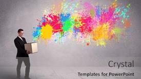  Presentation with spray paint - Beautiful presentation theme featuring colorful courier delivers - young smiling business male holding backdrop and a light gray colored foreground